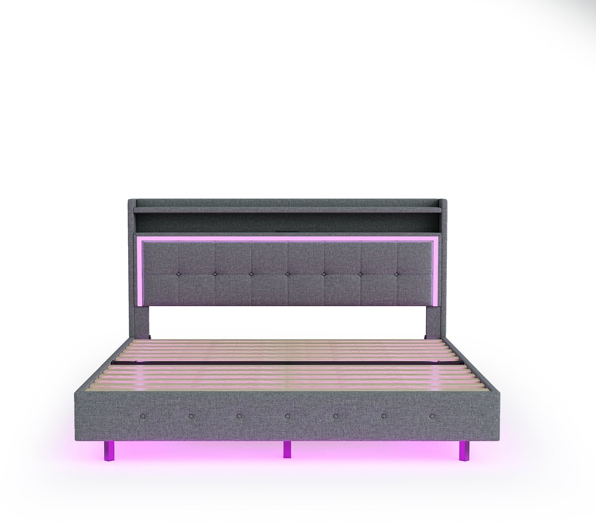 COVREO Bed 160x200 cm grijs stof, USB en led, opbergruimte, zonder matras
