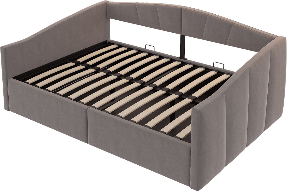 COVREO Slaapbank met opbergruimte – 140x200 cm – Gestoffeerd bed met lattenbodem – Voor slapen en zitten – Grijs - zonder matras