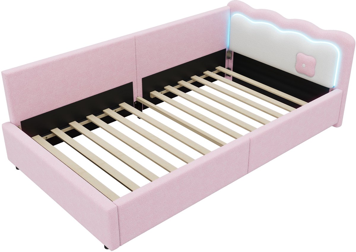 COVREO Bedbank 209x98 cm – roze stof en MDF, LED-verlichting, lattenbodem zonder matras