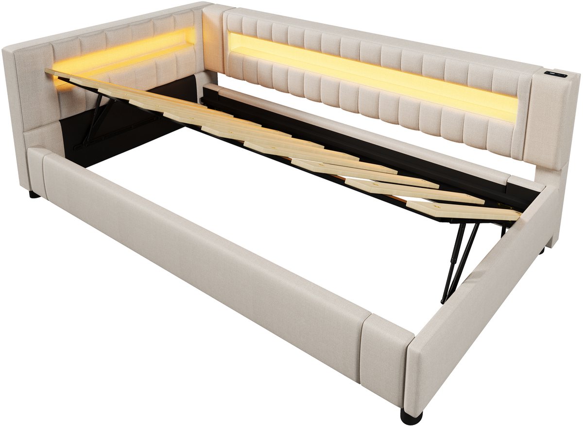 COVREO Slaapbank met LED en hydraulische opbergruimte – 90x200 cm – Daybed met USB-C – Bed voor slaapkamer – Beige - zonder matras