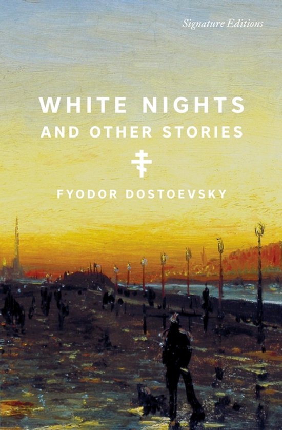 Boek kaft met zonsondergang landschap, tekst 'White Nights and Other Stories' en 'Fyodor Dostoevsky'.