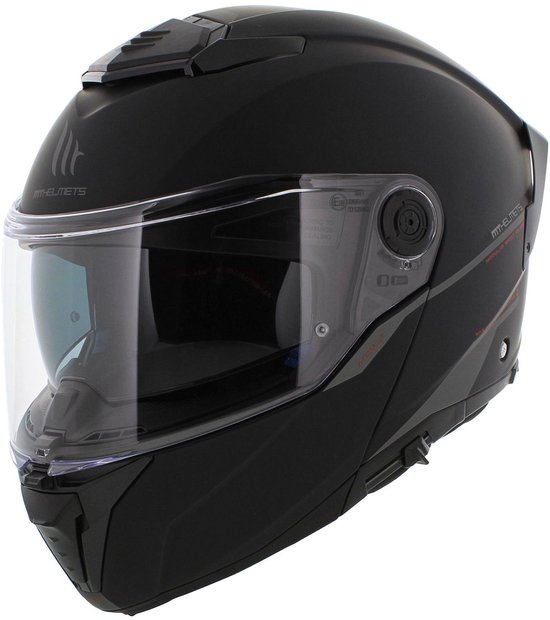 Matzwarte systeemhelm van MT Helmets met vizier en ventilatie, van de zijkant bekeken.