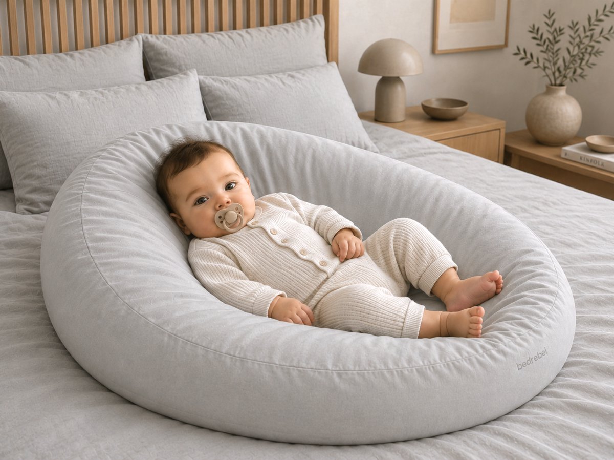 Bedrebel - Baby relax hoes voor voedingskussen zwangerschapskussen - 100% katoen percale - grijs - Misty grey - anti doorzakken clip - baby relaxhoes