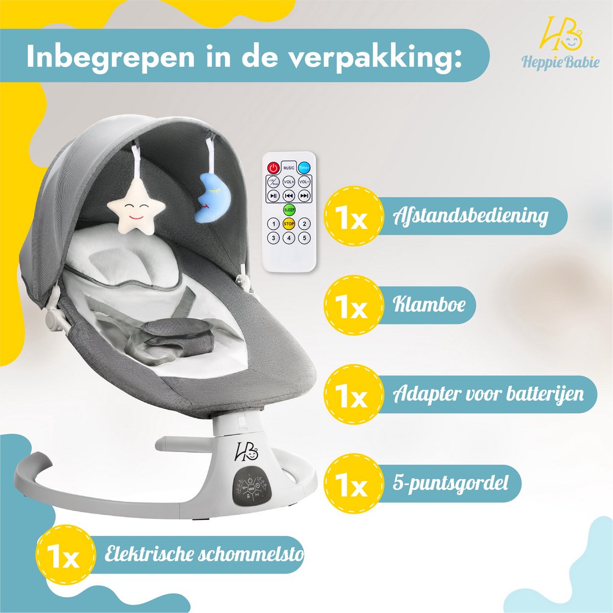 HeppieBabie Elektrische Wipstoel - Muziek en Swing Opties - 5 Punts Gordel - Babyschommel- Schommelstoel - Baby Swing - Met Ebook — afbeelding 11