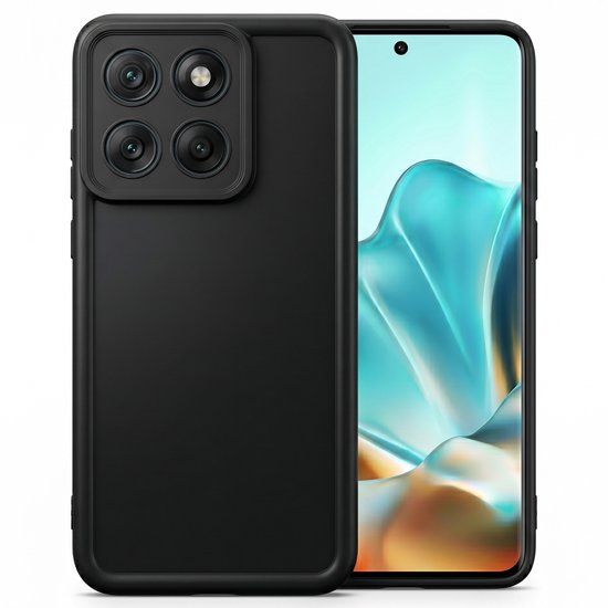 Zwarte hoes met een groot camerablok en een gestileerd scherm.