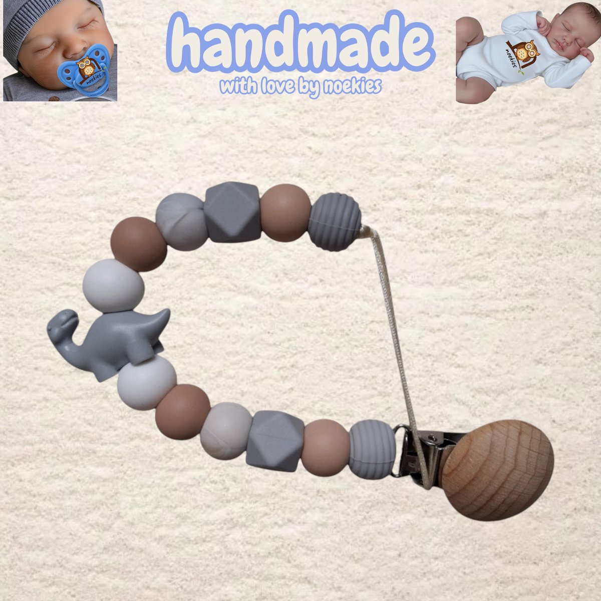 noekies Speenkoord Dino grijs beige wit Kraamcadeau - Speenketting - Babycadeau - Babyshower nr 19