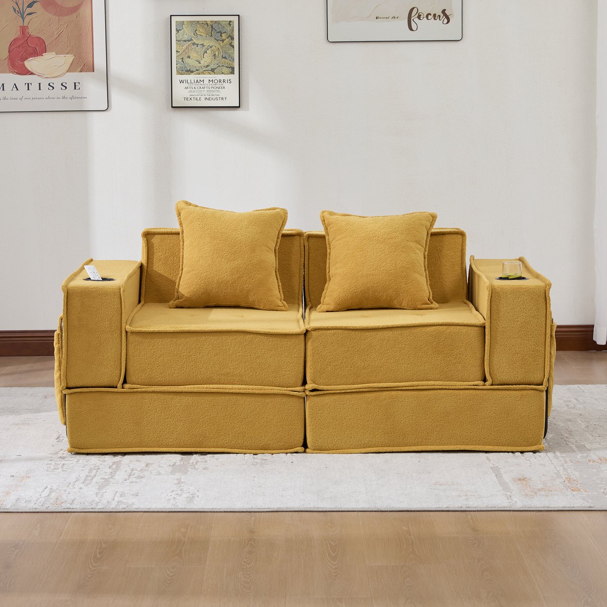 Welltin Slaapbank - Slaapbank - Zetelbed - 2-Zitsbank - Multifunctionele Corduroy Slaapbank - 2 persoons - Opvouwbaar - 2 Kussens - Armleuningen - Scandinavische stijl - Geel