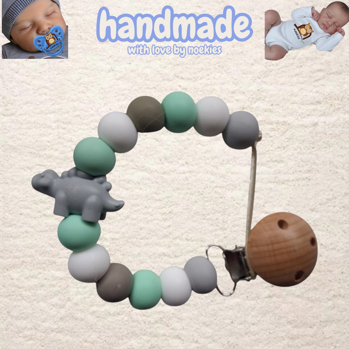 noekies Speenkoord Dino grijs mintgroen Kraamcadeau - Speenketting - Babycadeau - Babyshower nr 15