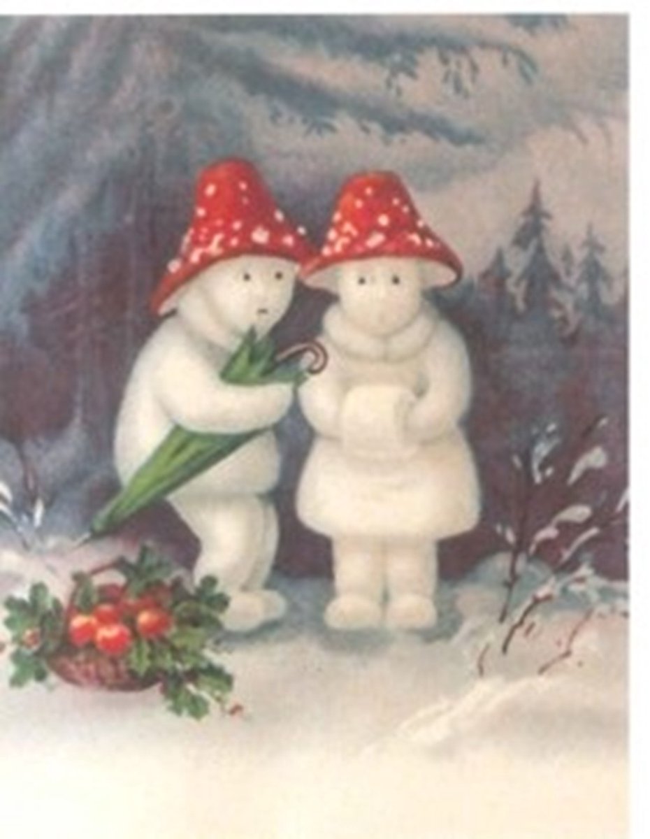 Cadeaukaart met env. Sneeuwkoppel met paddenstoel muts 7x9cm