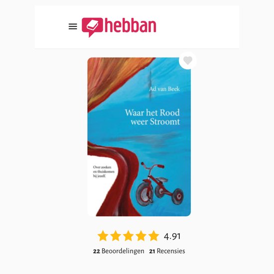 Livre "Waar het Rood weer Stroomt" avec un tricycle rouge et des branches d'arbre sur fond de ciel bleu.