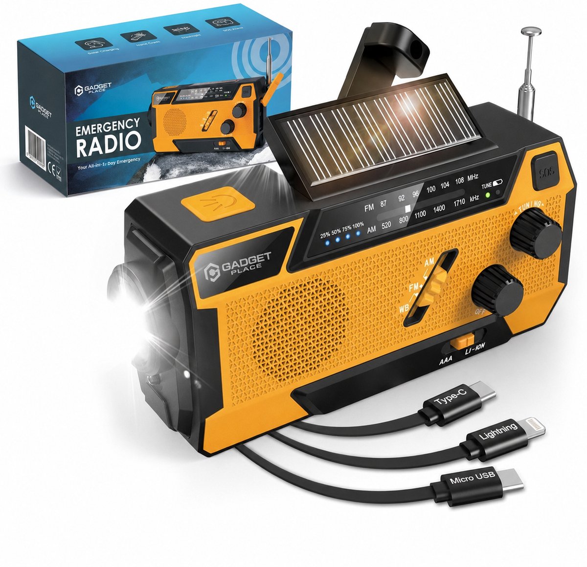 Gadgetplace Noodradio met SOS Alarm en 3 ingebouwde Kabels - Solar Opwindbaar - Draagbare Survival Radio Noodpakket - Powerbank Zonneenergie