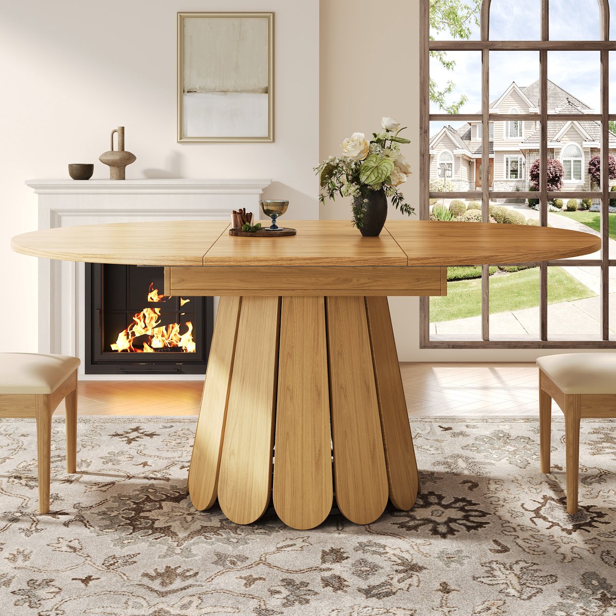 DESMIU Eettafel - Uitschuifbaar Ovaal Rond Design - Voor Keuken Woonkamer En Balkon - Natuurlijk Hout - 118 Tot 158 Cm Houtkleur