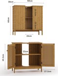Afmetingen van bamboe badmeubel: 60x30x60 cm (bxdxh). Kast met open lamellendeuren en verstelbare planken.