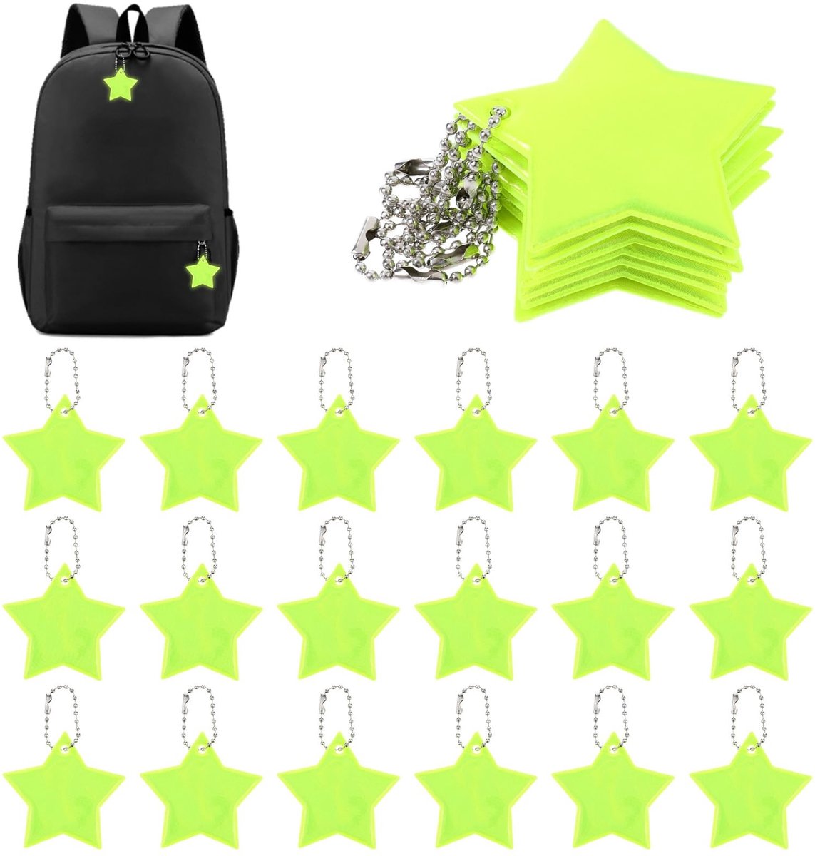 Dailygoods- Reflectoren 30 Stuks - Stervormige Hangers - Veiligheidsreflectoren - Fluorescerend Geel - Waterdicht - Praktische Ophangketting - Veiligheidsreflector