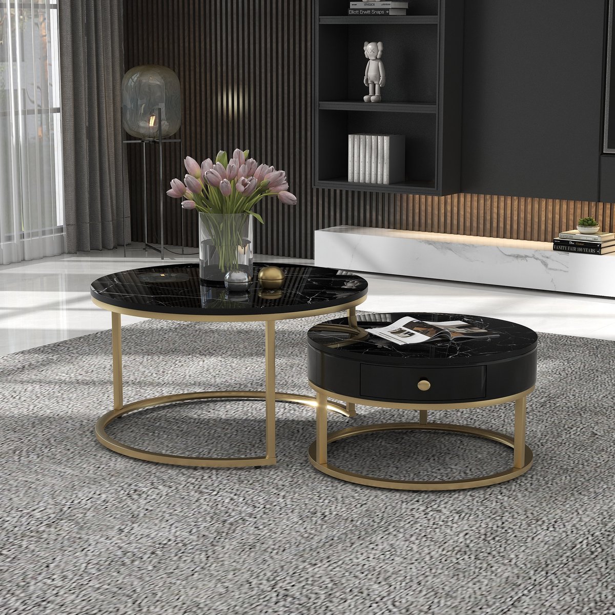 DESMIU Salontafel Set - Hoogglans Marmorlook Met Nesting Design - Voor Woonkamer En Kleine Ruimtes - MDF - Zwart - 70x70x48 Cm En 50x50x43,5 Cm