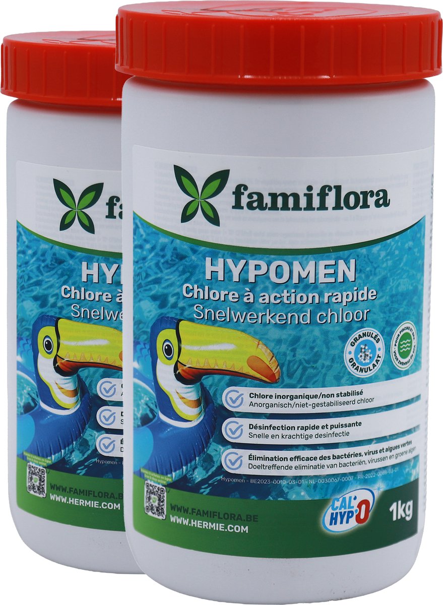Famiflora - Snelwerkend anorganisch chloor 2KG (2 x 1kg) - granulaat - niet-gestabiliseerd chloor - Snelle werking - Snel gebruiksklaar - Efficiënte desinfectie