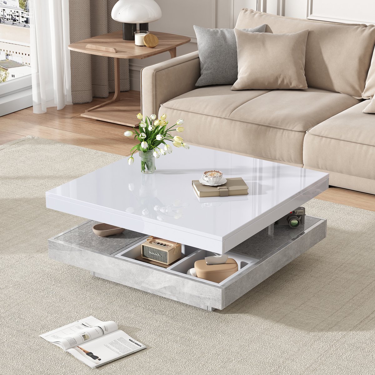 DESMIU Salontafel Met Draaibare Bovenplaat En Opbergruimte Voor Woonkamer Van Spaanplaat In Wit En Marmer 70x70x36 Cm