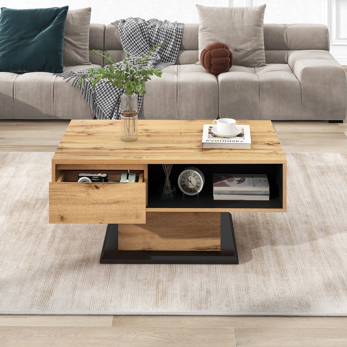 DESMIU Salontafel - Eikenhoutnerf Met Griffeloze Lade En Dubbele Opbergruimte - Voor Woonkamer En Kantoor - Spaanplaat - Naturel - 100x47x60 Cm