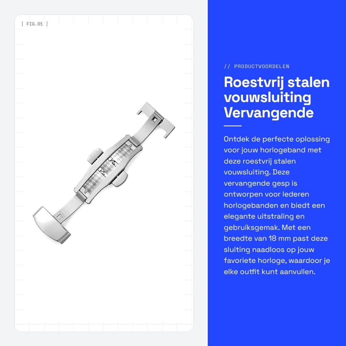 Dailygoods- Vouwsluiting Roestvrij Staal - Vervangende Gesp - 18 mm - Vlindersluiting - Geschikt voor Lederen Horlogeband - Duurzaam Ontwerp - Horlogesluiting