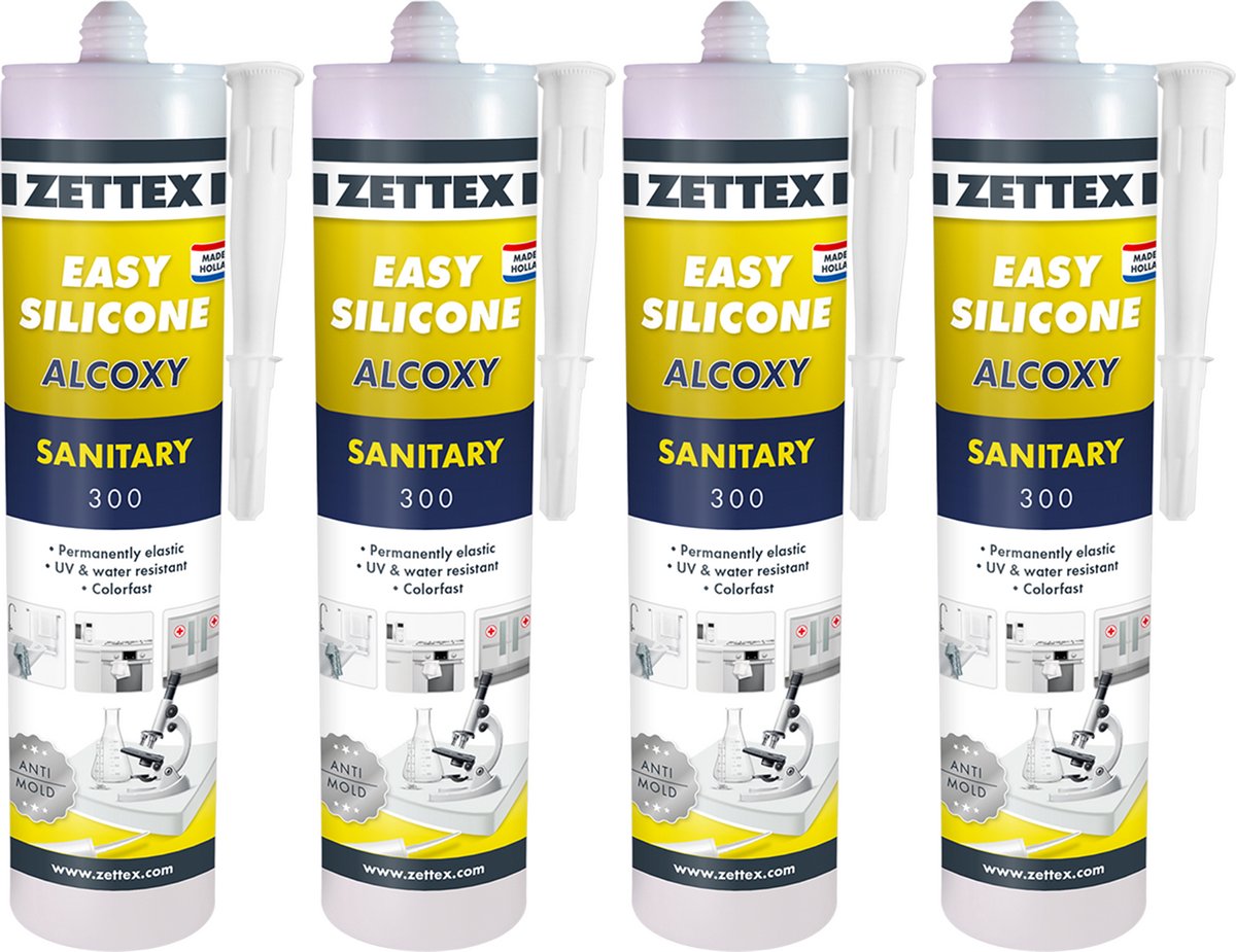 Zettex Easy Siliconenkit S - Sanitairkit voor Badkamer & Keuken - Schimmelbestendig & Elastisch - 310ml - Wit - 4-PACK