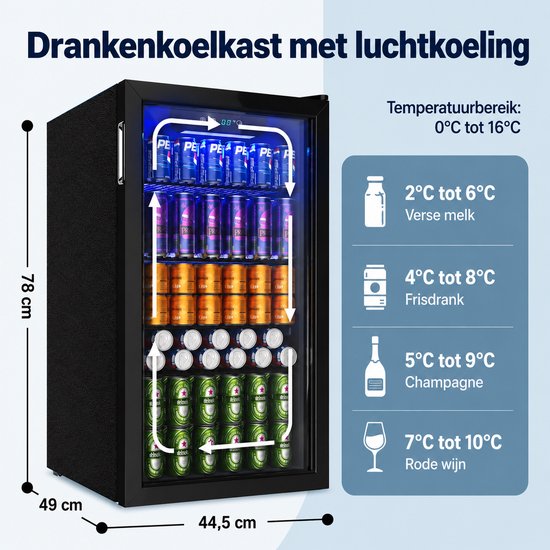 Rolu Mini Koelkast - Blikjes Koeler - 90 Liter - 126 Blikjes - Luchtgekoeld 0 °C Tot 16 °C - Glazen Deur - LED Verlichting — afbeelding 4