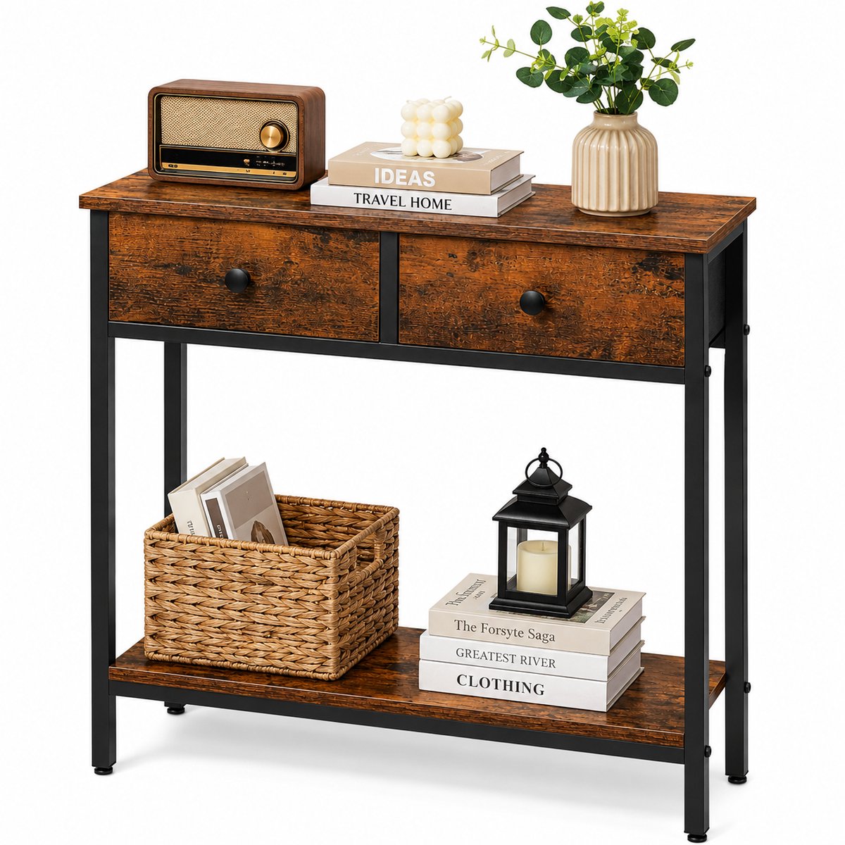 CINK Living® Industriële Consoletafel met 2 Stoffen Lades – Smalle Sidetable voor Hal en Woonkamer – Haltafel met Opbergplank – 75 x 24 x 75 cm – Vintage Bruin/Zwart