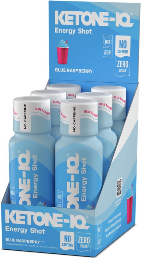 Blauwe frambozensmaak Ketone-IQ energie shots in een displaydoos. Zonder cafeïne en zonder suiker.