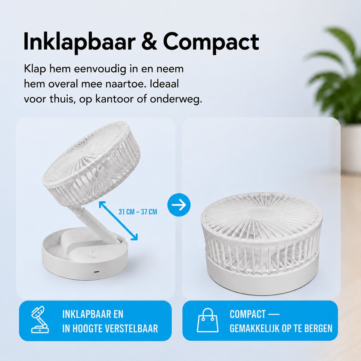Tafelventilator met Telefoonhouder - USB-C Oplaadbaar - 3 Standen - Opvouwbaar en Draadloos - Staande Mini Ventilator - Fan - Verkoeling - WK Voetbal Kijken Accessoire - Kleine Aircooler - Mobiele Airco - 16,5 x 16,5 x 8 cm - Wit - Silvergear — afbeelding 5