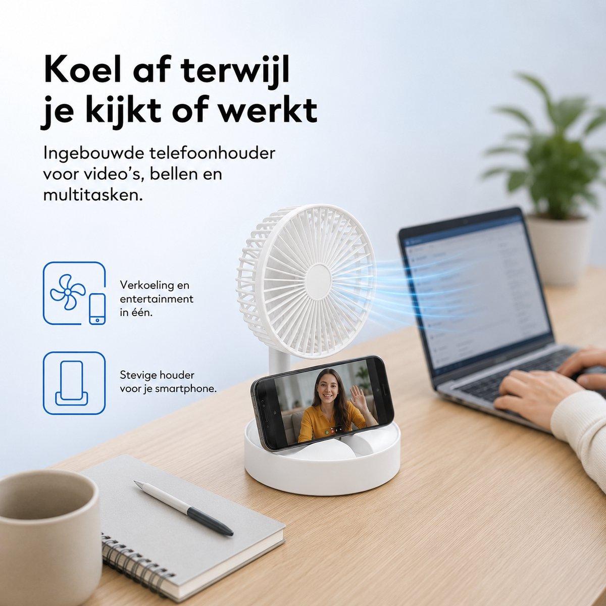 Tafelventilator met Telefoonhouder - USB-C Oplaadbaar - 3 Standen - Opvouwbaar en Draadloos - Staande Mini Ventilator - Fan - Verkoeling - WK Voetbal Kijken Accessoire - Kleine Aircooler - Mobiele Airco - 16,5 x 16,5 x 8 cm - Wit - Silvergear — afbeelding 2