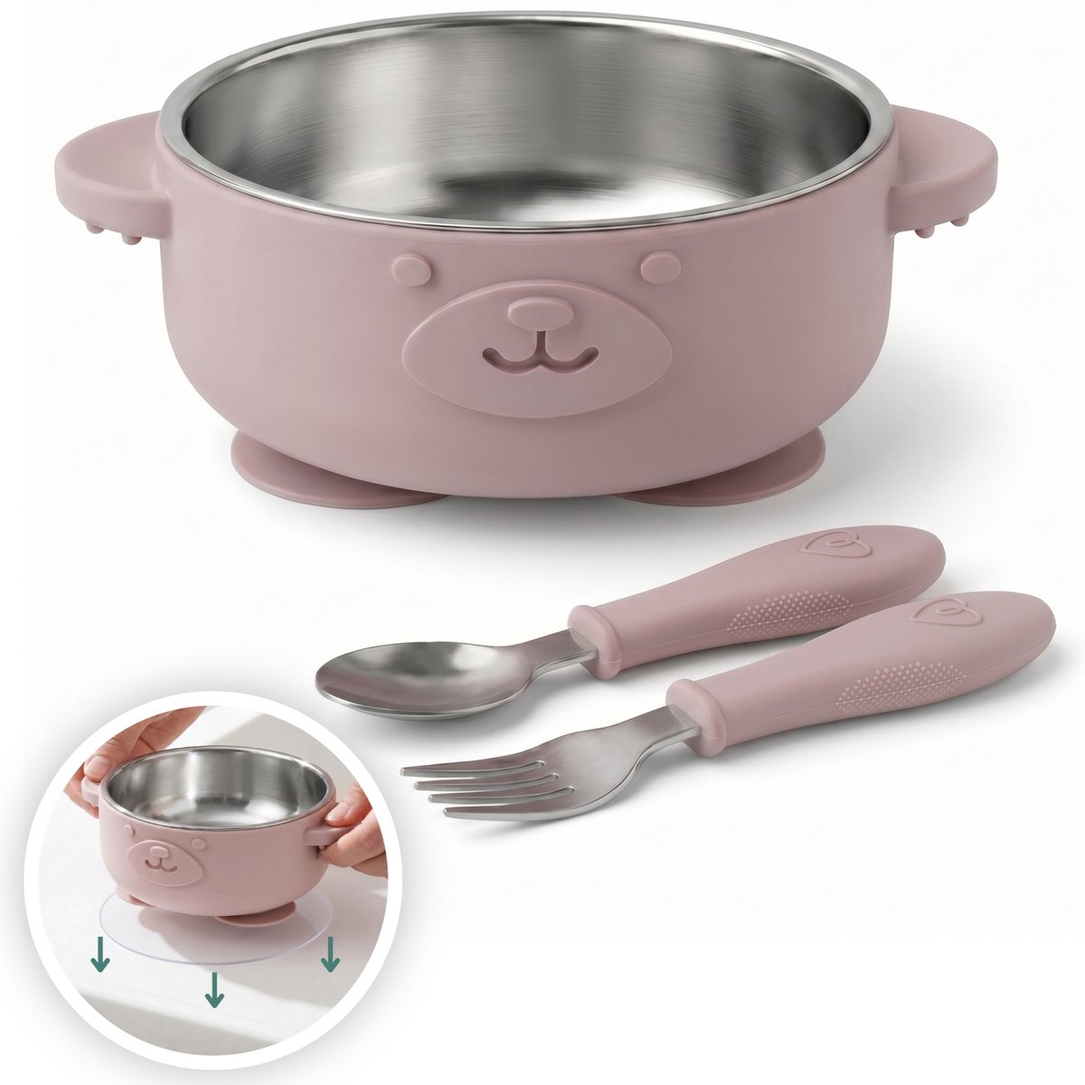 Broemba RVS Baby Bord met Zuignap & Bestek - Kommetje met Babylepel en Vork & 3 zuignap stickers - BPA-vrij Babyservies - Roze