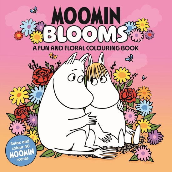 Moomin Blooms : un livre de coloriage amusant et floral avec Moomin et Snufkin entourés de fleurs et de papillons colorés.