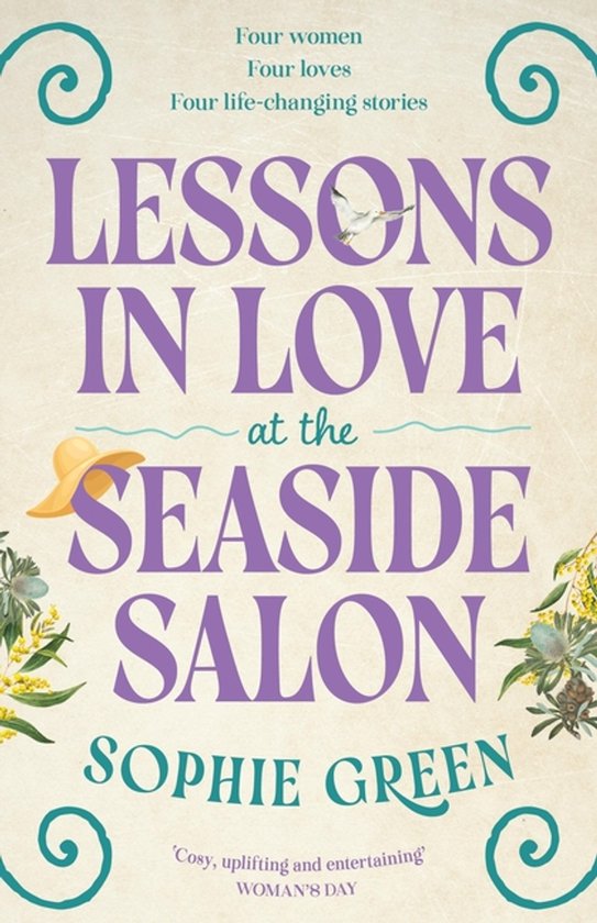 Boek kaft met de titel 'Lessons In Love at the Seaside Salon' door Sophie Green, met een gele hoed en plantendecoraties.