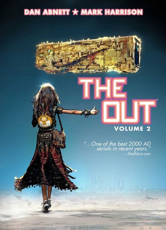 Vrouw met lange, warrige haren, gekleed in een rood-bruine jurk en rugzak, wijst naar een futuristisch ruimtevaartuig. 'THE OUT VOLUME 2' staat erop.