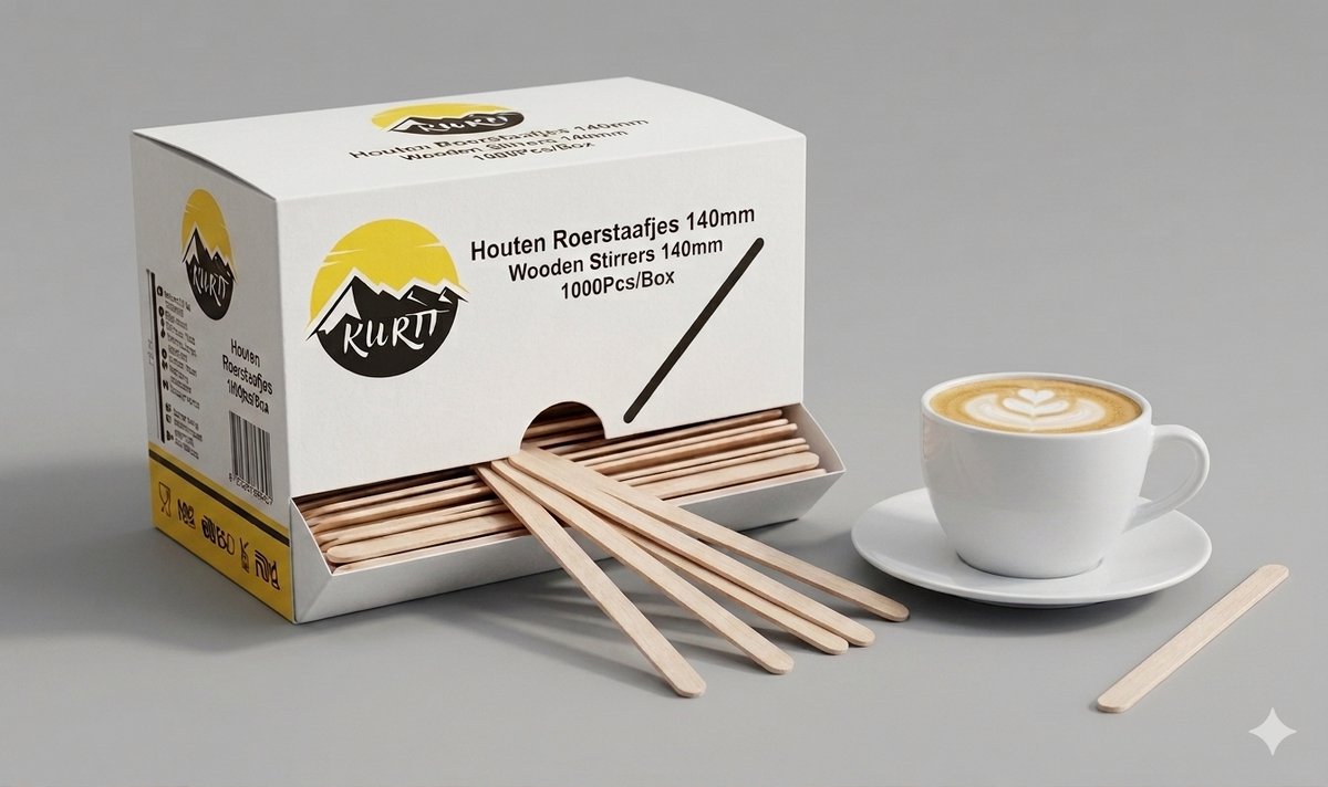 KURTT - Houten Roerstaafjes 1000 Stuks – Dispenser voor Koffie & Thee | Composteerbaar - Met een dispenser
