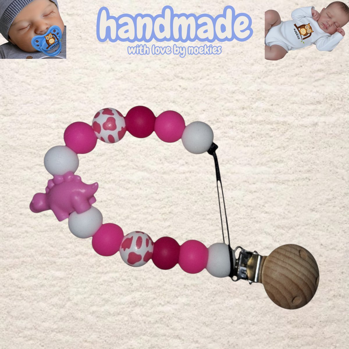 noekies speenkoord dino panterprint roze wit Kraamcadeau - Speenketting - Babycadeau - Babyshower nr 30