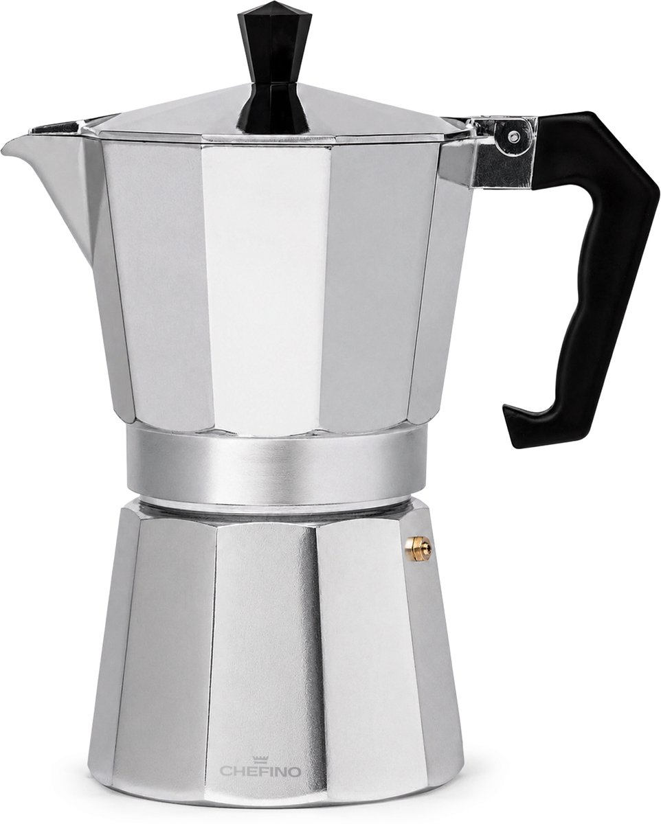 Chefino Percolator 6 Kops – Moka Pot 270 ml – Espressopot voor Italiaans Koffiezetten – Aluminium Mokkapot – Espressomaker voor Gasfornuis en Elektrische Kookplaat