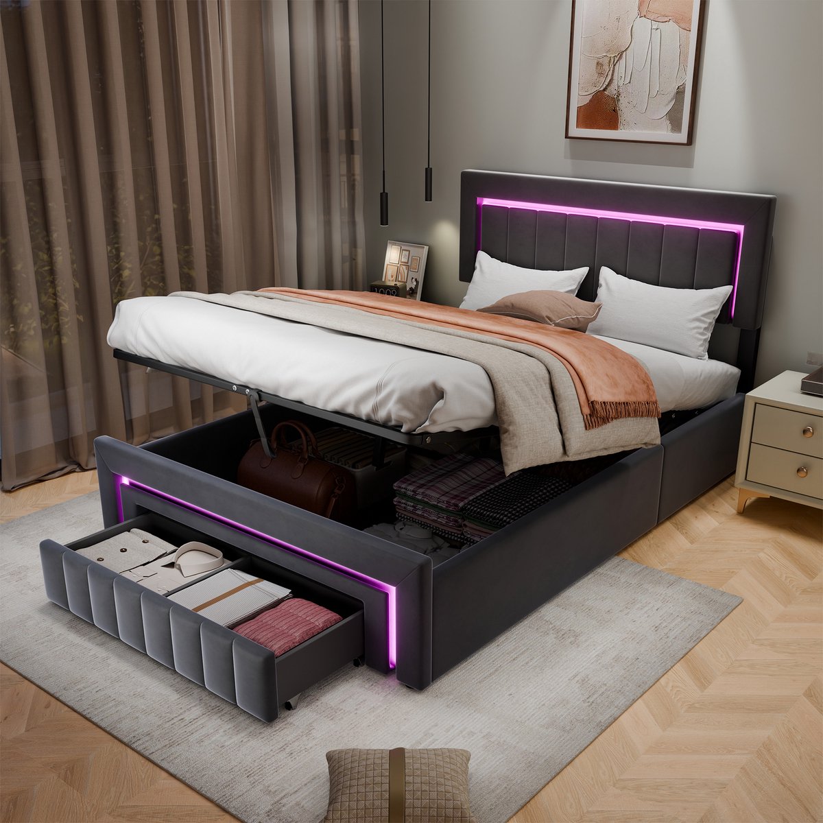 DESMIU Gestoffeerd Bed 140x190cm – Bed Met Warmwitte Verlichting En Hydraulische Opbergruimte – Met Lade Voor Slaapkamer – Velours – Grijs – Zonder Matras Donkergrijs