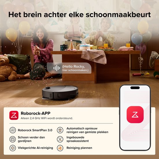 Zwarte robotstofzuiger naast een tafel met feestende mensen. Tekst "Het brein achter elke schoonmaakbeurt" en "Roborock-APP".