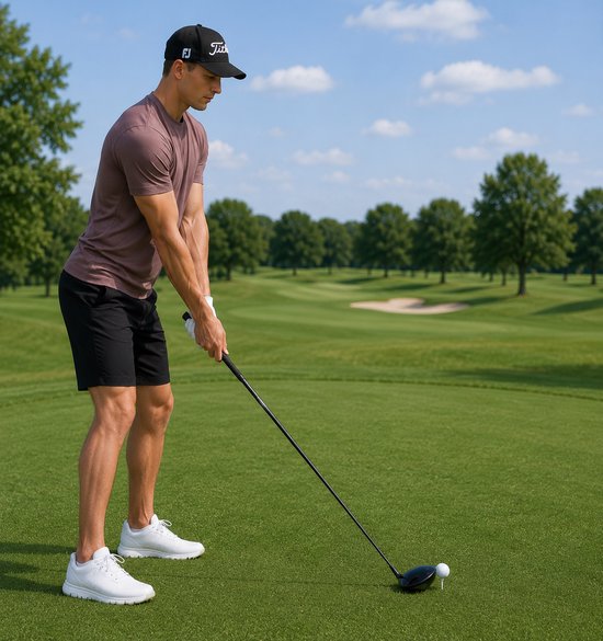 Man in roodbruin shirt en zwarte shorts, klaar om te golfen.