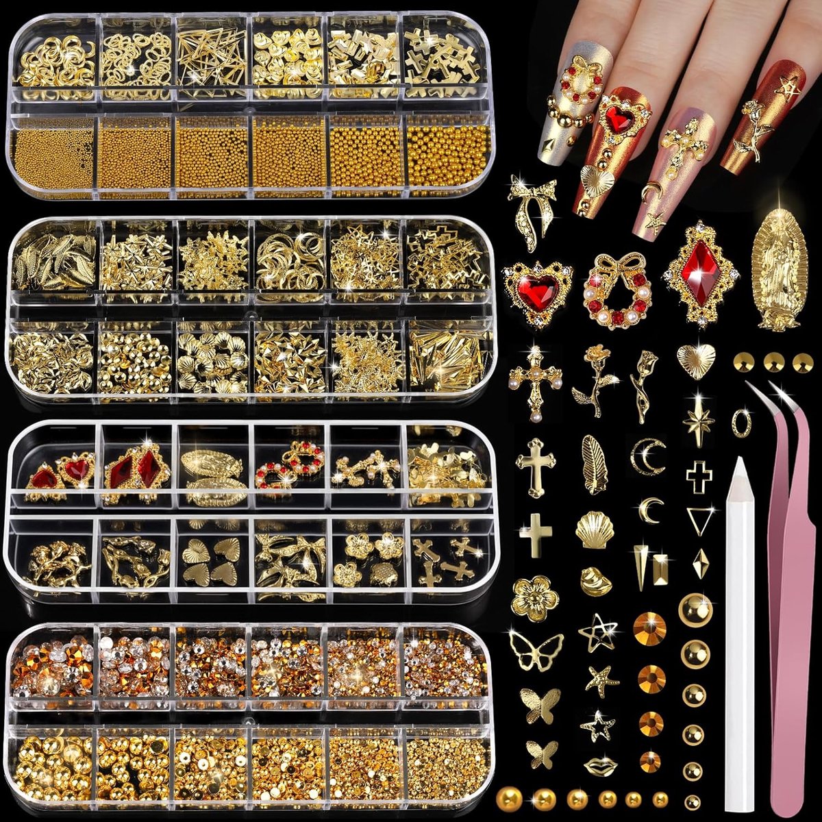 4 Dozen Hoogwaardige Goudkleurige Nagelcharms & Strass Set | Nagelparels 3D Kruis Hart Strasssteentjes | Inclusief Nagelkunst Gereedschap | Luxe Glanzende Nageldecoraties | Voor Professioneel DIY Acrylnagels Natuurlijke Nagels| Cyslmuk®