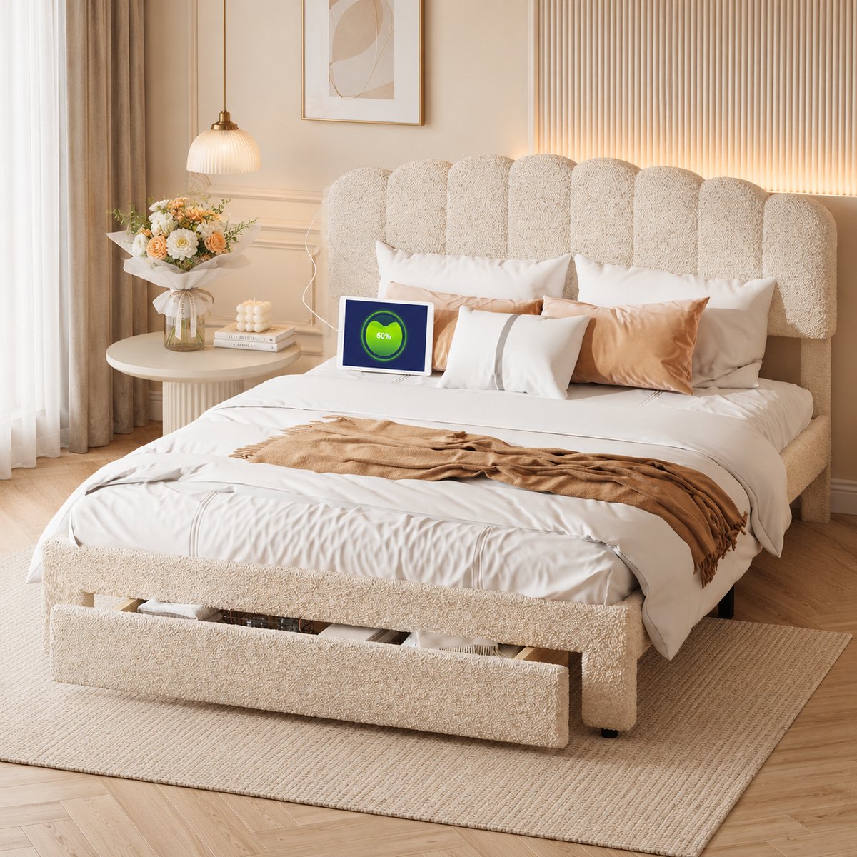 MEXUS Gestoffeerd bed 140x190 cm - met USB-poort - Tweepersoonsbed met opberglade en in hoogte verstelbaar hoofdeinde - 2-persoonsbed - Teddy stof - Beige