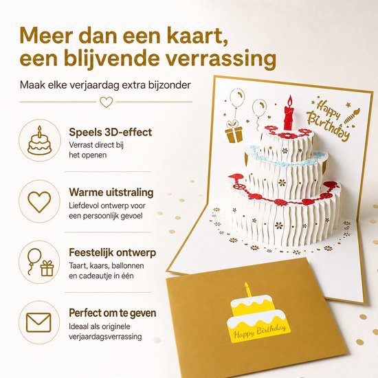 Pop-up verjaardagskaart met een witte 3-laagse taart. Goudkleurige kaart met 'Happy Birthday'-taartillustratie.