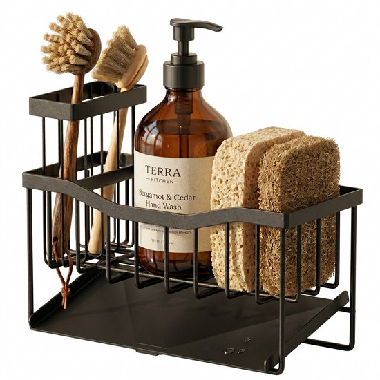 Organisateur d'évier en métal noir avec des brosses en bois, du savon pour les mains brun et deux éponges.