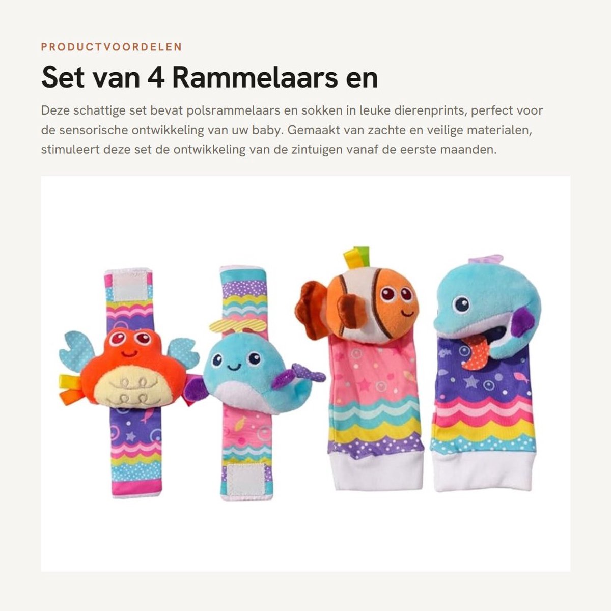 Dailygoods- Rammelaars Set van 4 - Polsrammelaars/Sokken - Dierenprints - Sensorische Ontwikkeling - Veilig Materiaal - Klittenbandsluiting - Baby Speelgoed