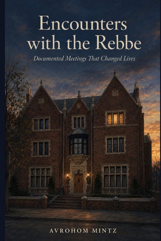 Couverture du livre "Encounters with the Rebbe", représentant un manoir en briques brunes avec des fenêtres éclairées au coucher du soleil.