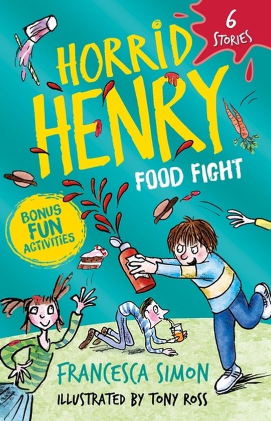 Boekomslag 'Horrid Henry Food Fight' met illustraties van kinderen die eten gooien. Met de tekst '6 Stories' en 'Bonus Fun Activities'.