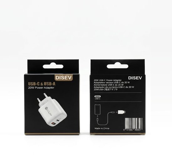 DISEV 20W USB-C & USB-A adapter met twee poorten. Wit, compact ontwerp.