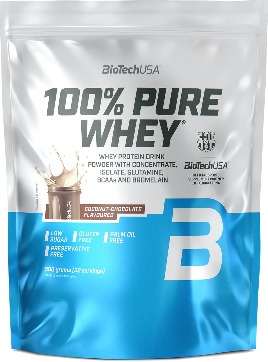 BioTechUSA 100% Pure Whey | Eiwitpoeder met BCAA en Glutamine | Glutenvrij, Palmolievrij | 21g Eiwit per portie, 900 g, Kokos-Chocolade