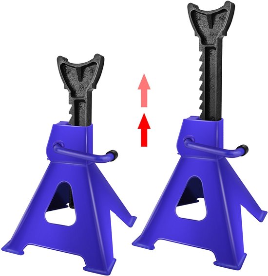 Twee blauwe autosteunen, een lage en een hoge, met rode pijlen die de hoogte aangeven.