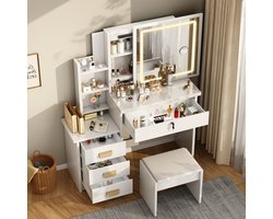 Kaptafel - Make Up Tafel - Inclusief Krukje - Met Groots LED Spiegel - 3 Lichtkleuren - 4 Lades en 6 Planken - Met Verborgen Opbergruimte - Eenvoudige Montage - 87x36x136 cm - Voor Slaapkamer Kleedkamer - Wit